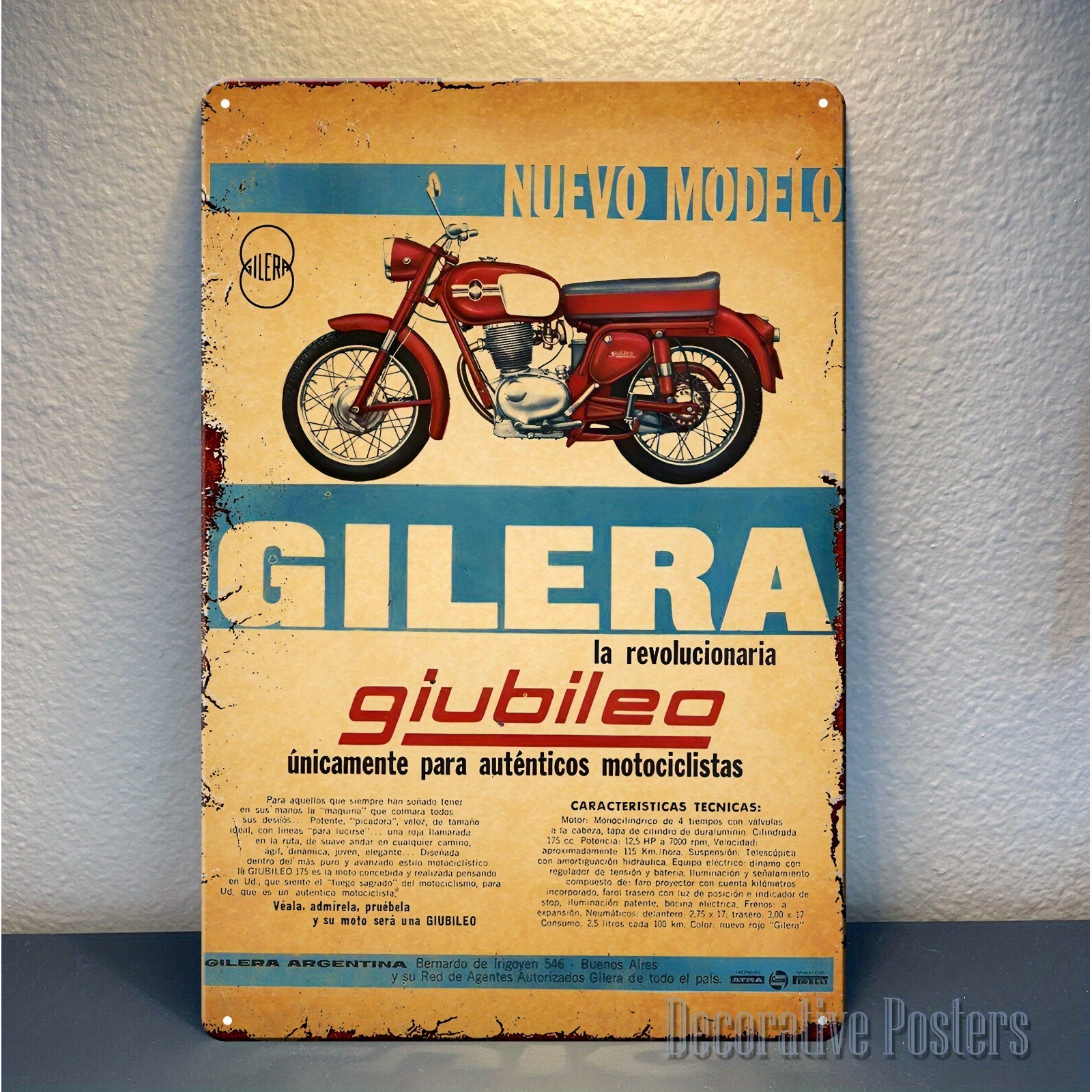 Vintage Collectible Posters - Vintage Gilera Motorcycle Metal Poster -